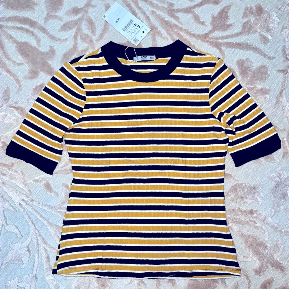 Zara Black, White & Yellow Striped Short Sleeve Top